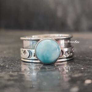 Bague en larimar naturel** Bague tournante étoile et lune** Bague unique** Argent sterling 925** Pierre merveilleuse* Pierre précieuse ronde bleue* Bague de méditation