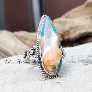 Oyster Copper Turquoise Ring, Handmade Ring, 925 Silver Ring, Boho Jewelry, Engagement Ring, Pear Stone Shape Ring, Amezing Ring
