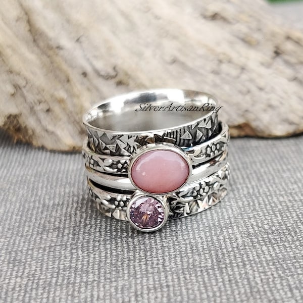 Pink Opal Ring>> Spinner Ring>> 925 Sterling Silver Ring>> Two Stone Ring>> Meditation Ring>> Rose Quartz Ring>> Designer Ring+++