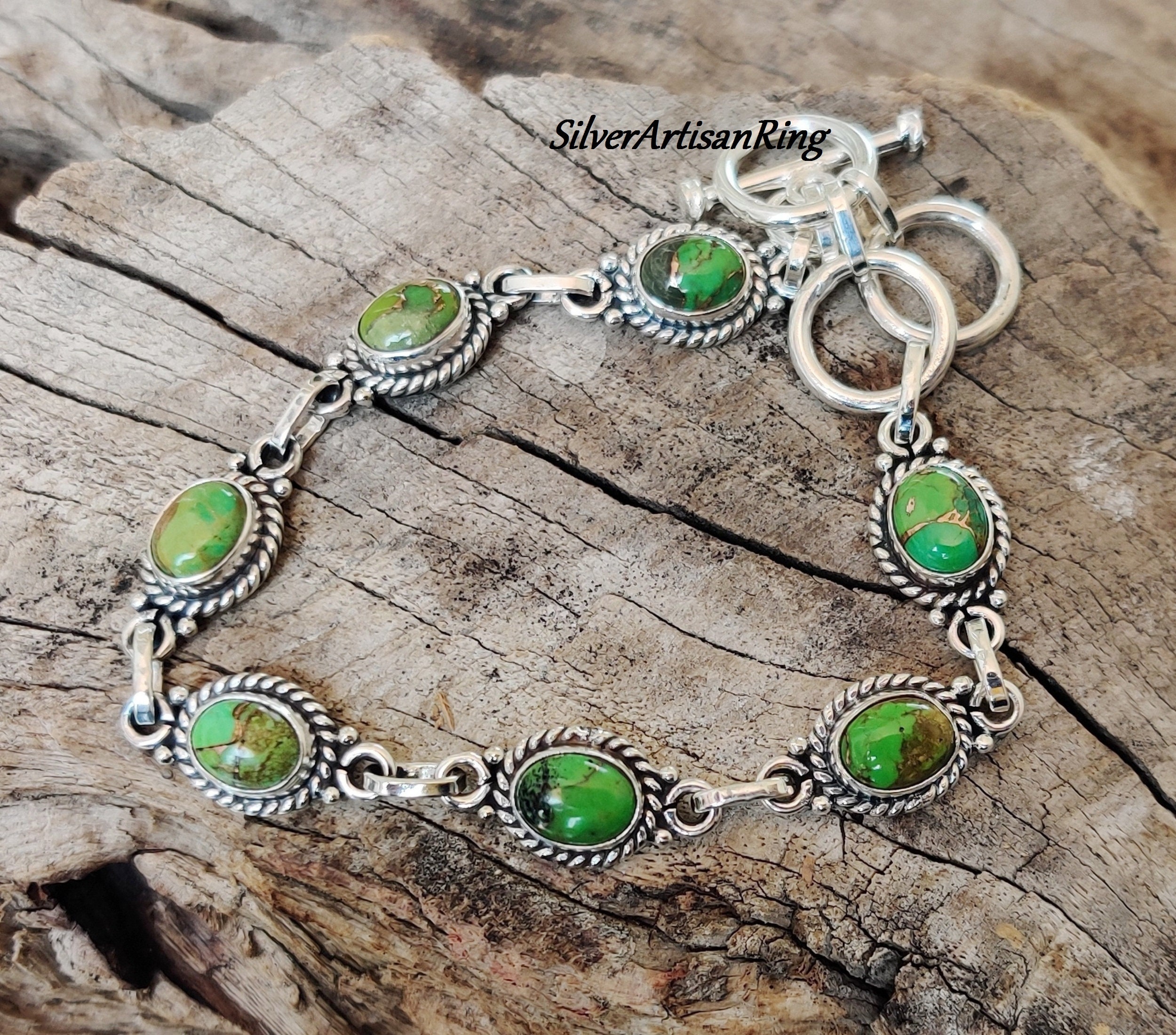銀線細工　ヴィンテージ ブレスレット　緑の石 silver Green Copper Turquoise Bracelet, 925 Sterling Silver Bracelet