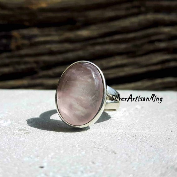 Bague Unique Quartz Rose Ovale Sur Plaqué Argent - Fait Main En Inde, Taille 7.75