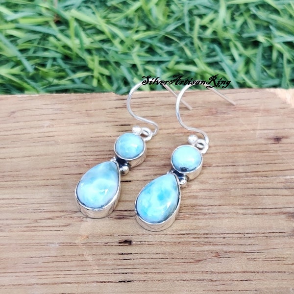 Natural Larimar Earring, 925 Sterling Silver Earring, Lovely Earring, Dangle Style Earring, Gift For Mom, Larimar Jewelry