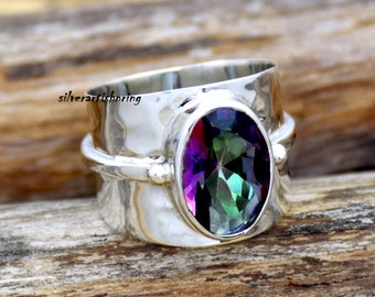 Anillo de plata con topacio místico, anillo de plata hecho a mano, anillo de plata místico, anillo de estilo llamativo