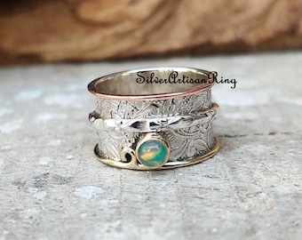 Opal Ring ,Spinner Ring ,925 Sterling Silver Ring, Meditation Ring ,Handmade Ring ,Copper & Brass Ring,Silver Jewelry, Gemstone Ring