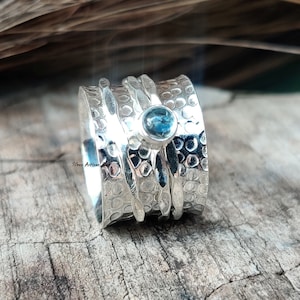 Aquamarine Ring , Spinner Ring , Gemstone Ring , 925 Sterling Silver Ring , Women Ring , Birthday Gift for her , Hammered Ring , Worry Ring