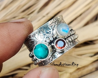 Turquoise Ring* Spinner Ring * Gemstone Ring* 925 Silver Ring* Handmade Ring*Moonstone Ring* Three Gemstone Ring*Garnet Ring*Silver Jewelry*