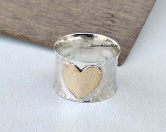 Designerring med hjärtformad mässingsring* Ring i 925 sterlingsilver för kvinnor* Chunky bohemiska ring* Statement-ring* Julklapp för kärlek