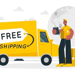 Op de afbeelding: Een gele bestelwagen met de tekst "GRATIS VERZENDING" aan de zijkant. Een bezorger staat naast de bestelwagen en houdt een pakket en een klembord vast. Op de achtergrond is een wereldbol te zien met lijnen die verschillende locaties verbinden.