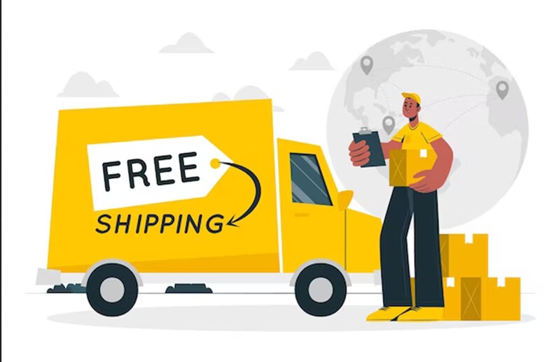 Op de afbeelding: Een gele bestelwagen met de tekst "GRATIS VERZENDING" aan de zijkant. Een bezorger staat naast de bestelwagen en houdt een pakket en een klembord vast. Op de achtergrond is een wereldbol te zien met lijnen die verschillende locaties verbinden.