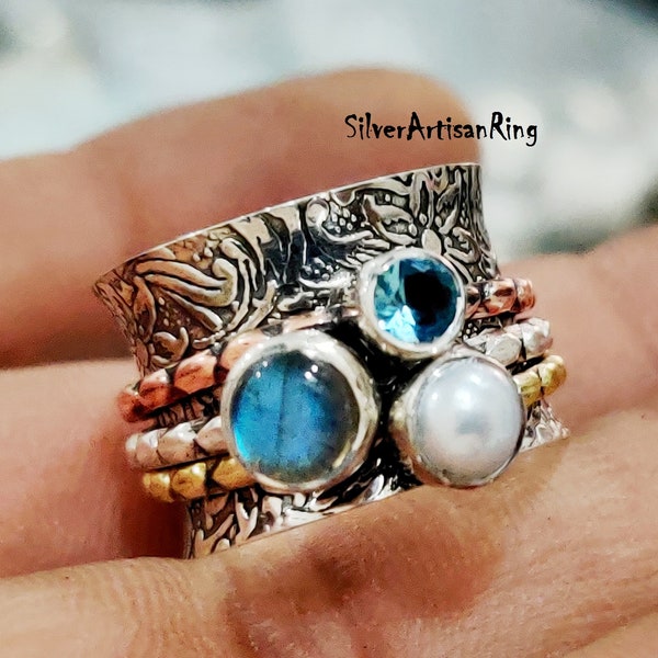 Natural Labradorite Ring *Spinner Ring* 925 Silver Ring* Handmade Ring * Brass & Copper Ring* Designer Ring* Pearl Ring* Silver Jewelry*