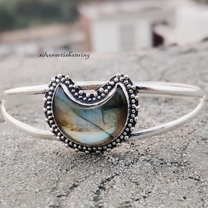 Half Moon Labradorite Bangle~ 925 Silver Bangle~ Gemstone Bangle~ Adjustable Bangle~ Beautiful Bangle~ Gorgeous Bangle~ Silver Jewelry