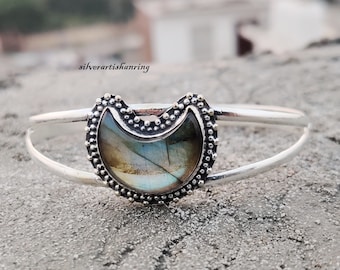 Brazalete de labradorita de media luna, brazalete de plata 925, brazalete de piedras preciosas, brazalete ajustable, hermoso brazalete, hermoso brazalete, joyería de plata