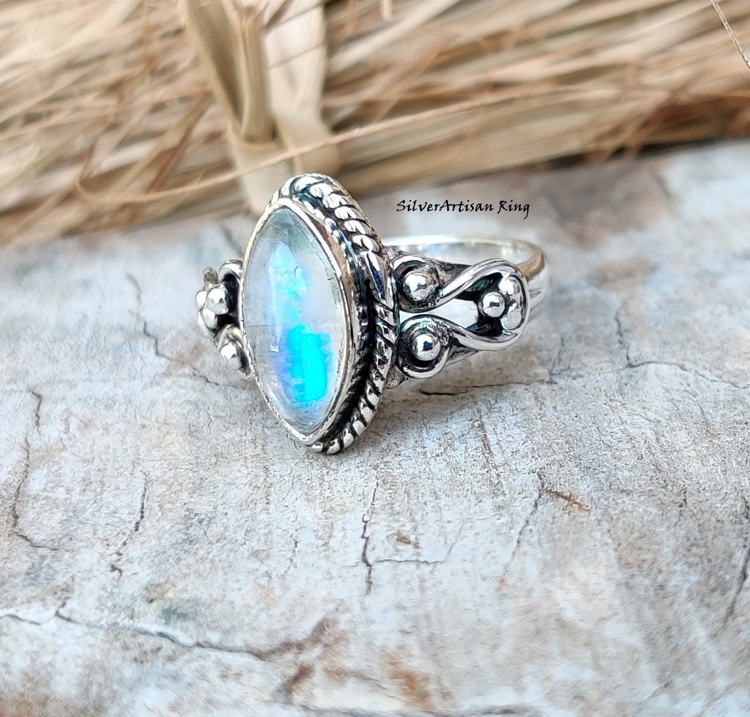Anello Regolabile In Argento Sterling Con Pietra Di Luna - Design Ferro Di Cavallo