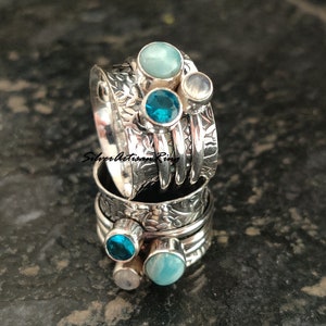 Larimar Spinner Ring, 925 Sterling Silver Ring, Fidget Ring, Worry Ring, Designer Ring ,Moonstone Ring ,Handmade Ring, Blue Topaz Ring image 2