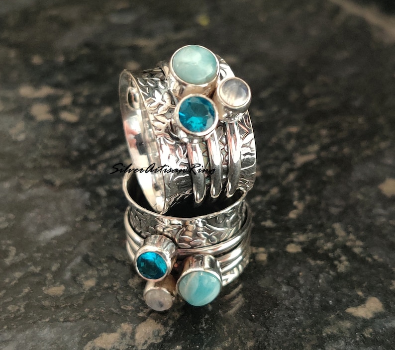 Larimar Spinner Ring, 925 Sterling Silver Ring, Fidget Ring, Worry Ring, Designer Ring ,Moonstone Ring ,Handmade Ring, Blue Topaz Ring image 2