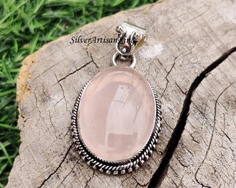 Rose Quartz Pendant* Oval Gemstone Pendant* 925 Silver Pendant* Handmade Pendant* Designer Pendant * Beautiful Pendant* Neck Pendant