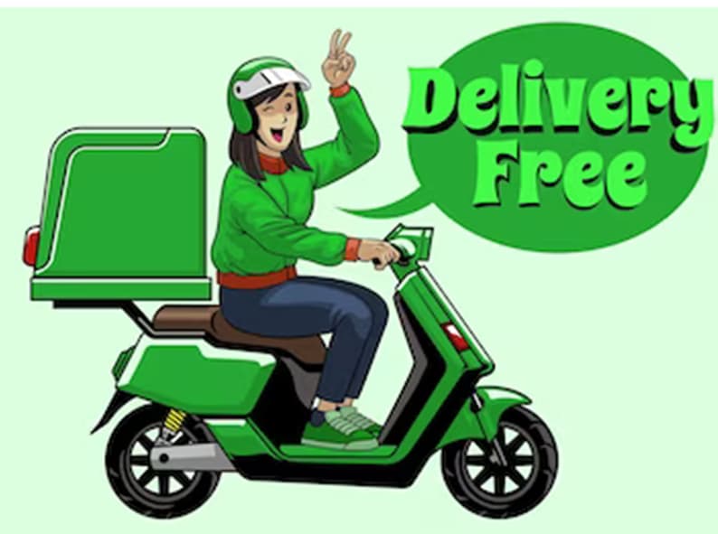 May include: A green delivery scooter with a green delivery box on the back. A person wearing a green jacket and a helmet is driving the scooter. The scooter is driving towards the right side of the image. A speech bubble above the scooter says "Delivery Free".