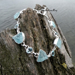 Aquamarine Bracelet..925 Silver Bracelet..Raw Aquamarine Stone Bracelet..Gemstone Bracelet..Blue Topaz Bracelet..Handmade Bracelet