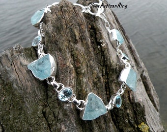 Aquamarine Bracelet..925 Silver Bracelet..Raw Aquamarine Stone Bracelet..Gemstone Bracelet..Blue Topaz Bracelet..Handmade Bracelet