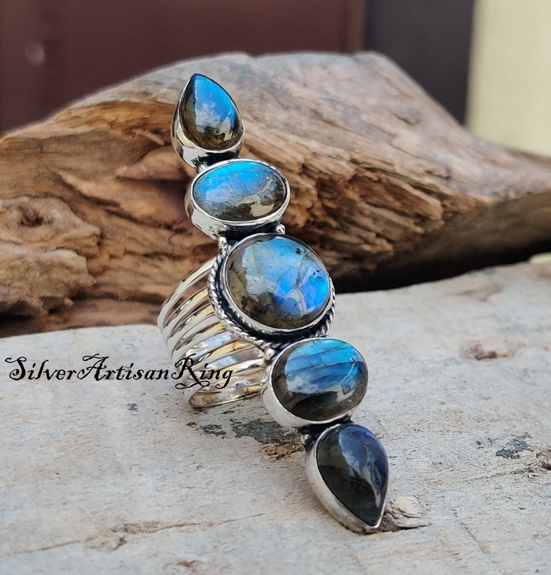 Natural Labradorite Ring 925 Sterling Silver Ring Amezing Ring Five Gemstone Ring Gorgeous Ring Unique Designer Ring Gift for love image 6