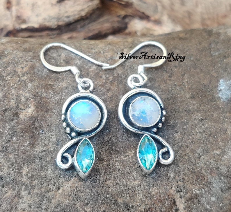 Handmade Earring Dangle Earring Woman Earring, Moonstone Earring Blue Topaz Earring Gemstone Earring 925 Sterling Silver Earring