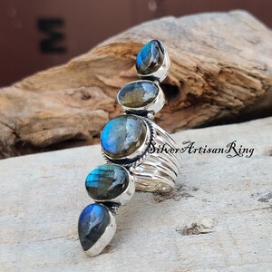 Natural Labradorite Ring 925 Sterling Silver Ring Amezing Ring Five Gemstone Ring Gorgeous Ring Unique Designer Ring Gift for love image 4