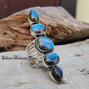 Natural Labradorite Ring 925 Sterling Silver Ring Amezing Ring Five Gemstone Ring Gorgeous Ring Unique Designer Ring Gift for love image 3