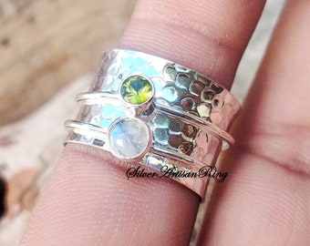 Peridot & Moonstone Ring, Spinner Ring, Gemstone Ring, 925 Sterling Silver Ring, Beatiful Ring, Meditation Ring, Worry Ring, Stylish Ring++