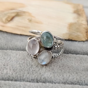 Rozenkwarts ring ~ 925 sterling zilver ~ Handgemaakte ring ~ Maansteen & aquamarijn edelsteen ~ Unieke designer ring ~ Gratis verzending ~ Cadeau voor haar
