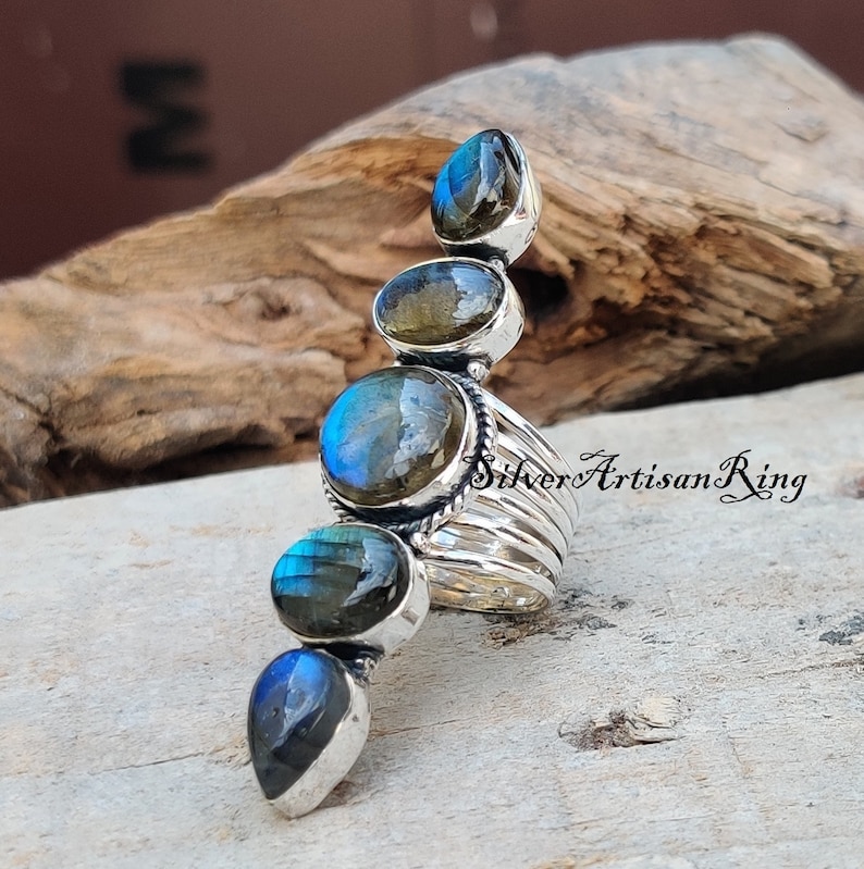 Natural Labradorite Ring 925 Sterling Silver Ring Amezing Ring Five Gemstone Ring Gorgeous Ring Unique Designer Ring Gift for love image 2