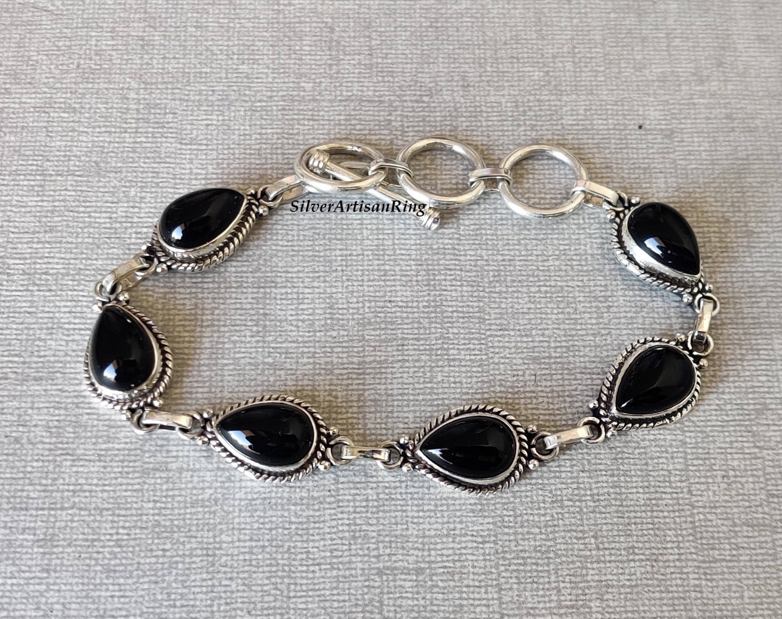 Black Onyx Bracelet ~ 925 Sterling Silver ~ Adjustable
