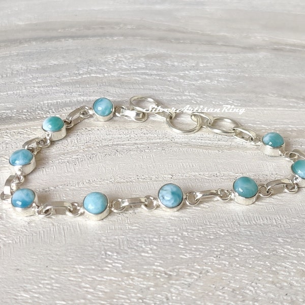 Pulsera de larimar - Pulsera ajustable - Piedra preciosa redonda - Pulsera de mano - Tamaño de la piedra: 6 mm - Hermosa pulsera - Pulsera con dije - Piedra natural