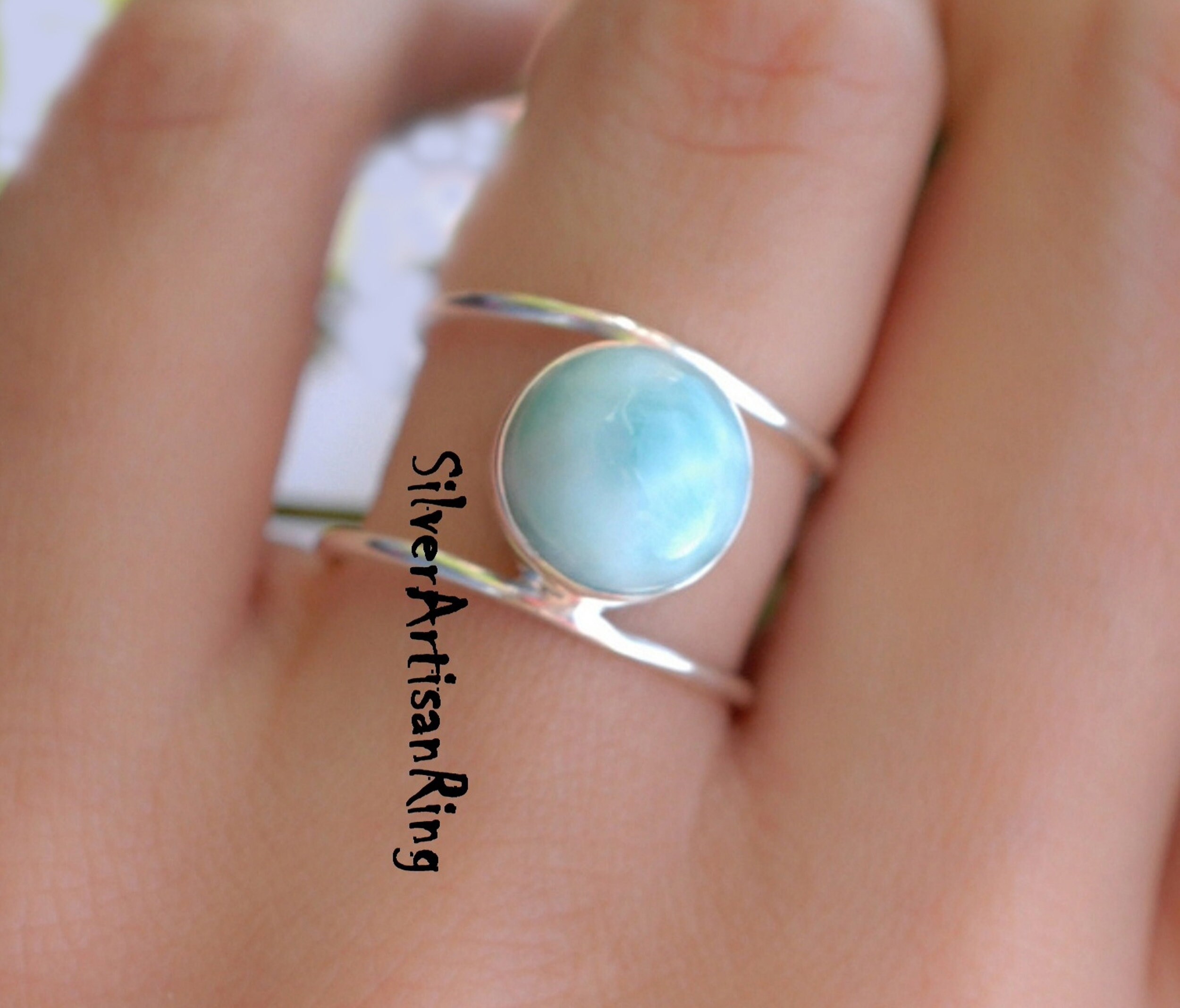 天然ラリマーリング、925スターリングシルバーリング、シルバー