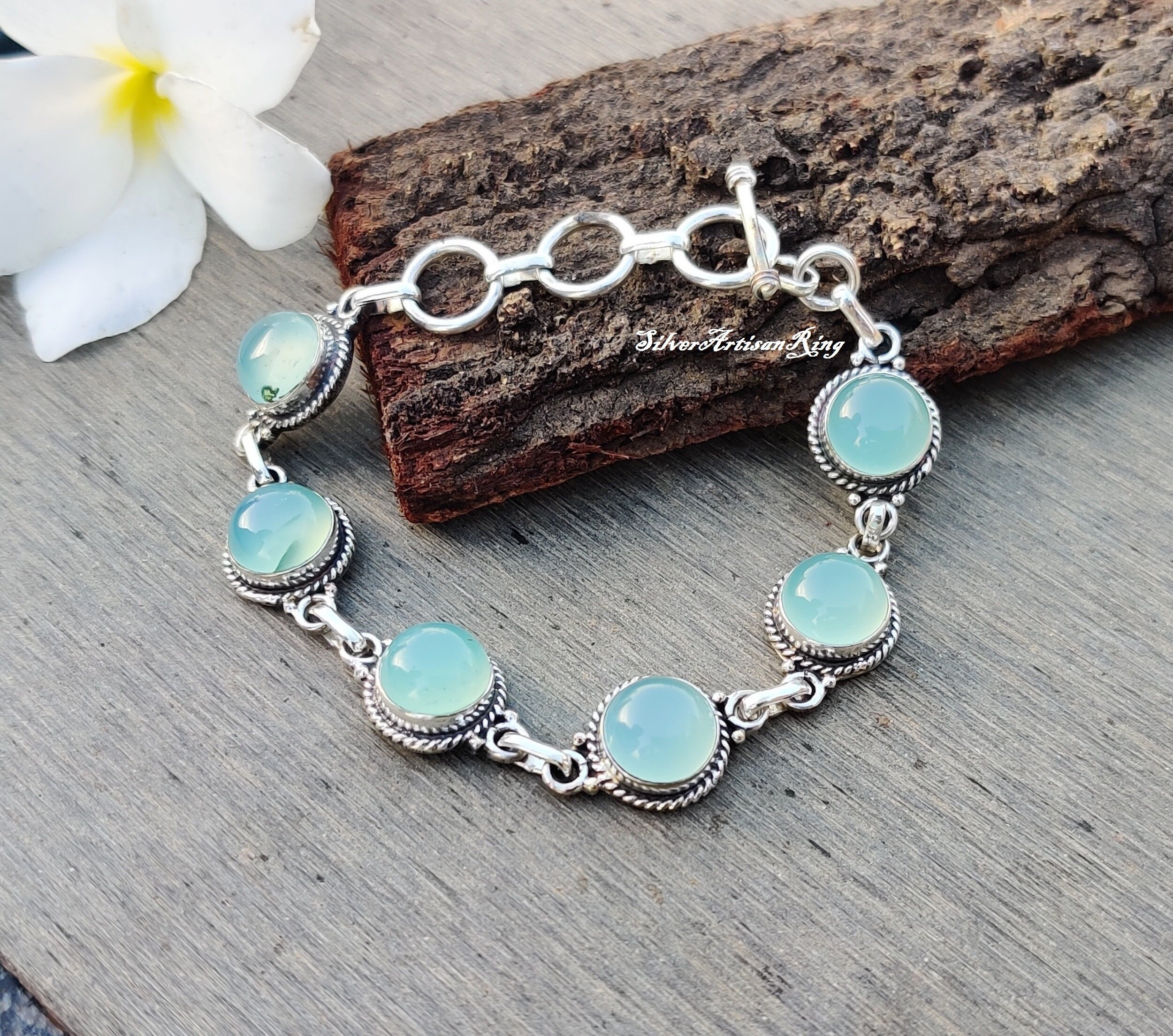 Bracelet En Argent 925 Sterling - Pierre Facettée Aqua Vert Bleu - Taille 8 Pouces - Vintage