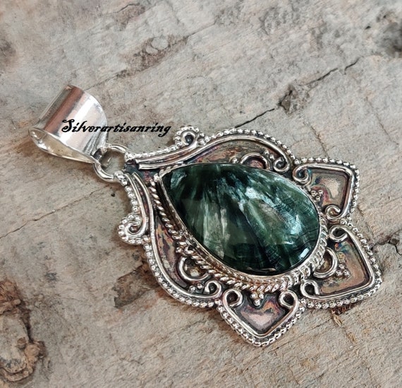 Sterling Silver Beaded Seraphinite Teardrop Pendants Sterling Silver Beaded Seraphinite Teardrop Pendants