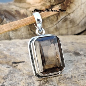 Pendentif quartz fumé | Argent sterling 925 | Pendentif en pierres précieuses coupées rectangle | Bijoux de mariage nuptiaux pour femmes, idée cadeau | Pendentif de cou