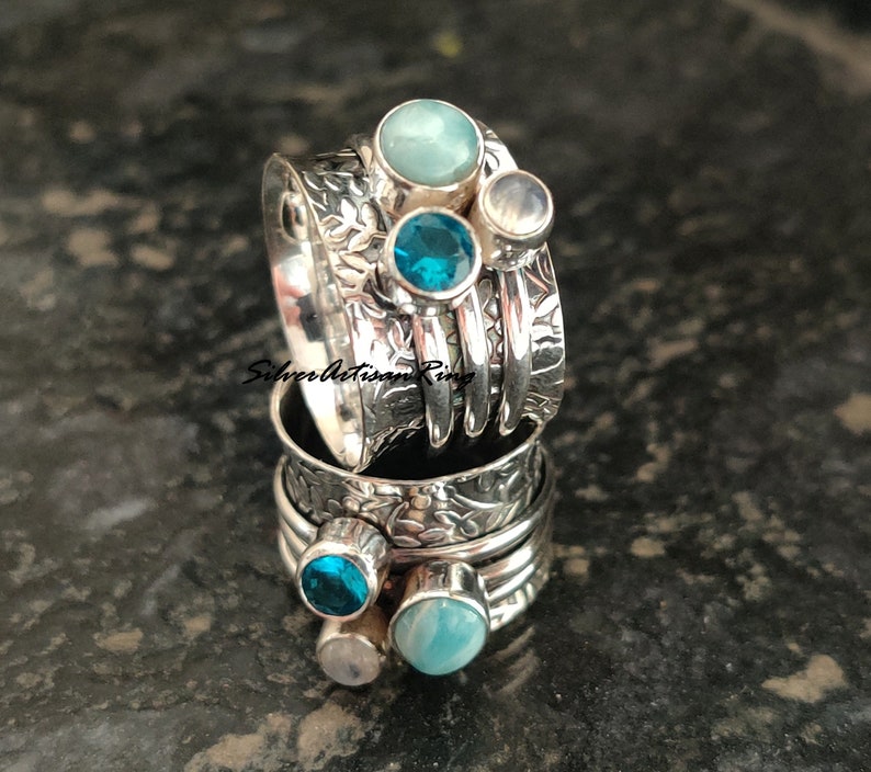 Larimar Spinner Ring, 925 Sterling Silver Ring, Fidget Ring, Worry Ring, Designer Ring ,Moonstone Ring ,Handmade Ring, Blue Topaz Ring image 6