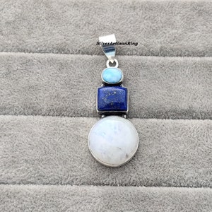 Moonstone Pendant &gt; Three Gemstone Pendant &gt; 925 Sterling Silver &gt; Amazing Pendant &gt; Unique Stone Pendant &gt; Stylish Girls Jewelry