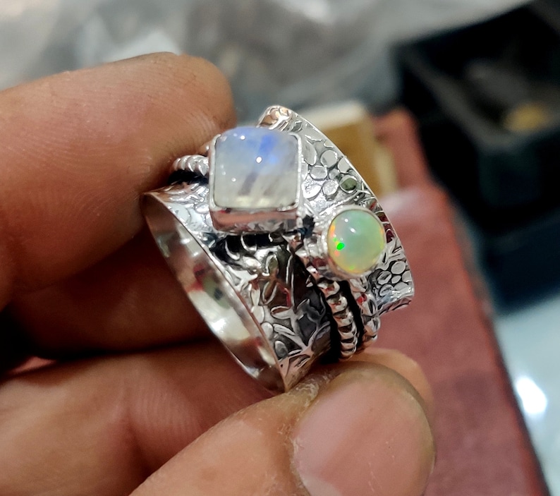 ++++++++=== Most Popular Moonstone /& Opal Spinner Ring 925 Sterling Silver Ring Meditation Ring Handmade Ring Silver Jewelry Statement Ring
