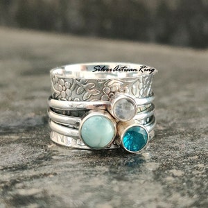 Larimar Spinner Ring, 925 Sterling Silver Ring, Fidget Ring, Worry Ring, Designer Ring ,Moonstone Ring ,Handmade Ring, Blue Topaz Ring image 7