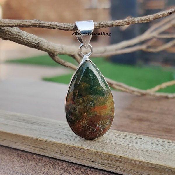 Colgante de ágata musgosa natural, colgante de plata de ley 925 maciza, colgante de joyería con dije, colgante de ágata, regalo de cumpleaños