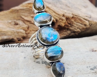 Natural Labradorite Ring- 925 Sterling Silver Ring - Amezing Ring - Five Gemstone Ring -Gorgeous Ring - Unique Designer Ring - Gift for love