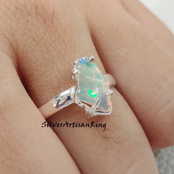 Natural Opal Ring- 925 Sterling Silver Ring- Designer Ring- Silver Jewelry- Handmade Ring - Dainty Ring - Raw Stone Shape Ring -Gift item