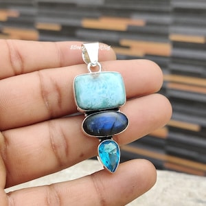 Larimar Pendant- Gemstone Pendant- 925 Sterling Silver- Blue Stone Pendant- Handmade Pendant- Women&#39;s Pendant- Labradorite & Blue Topaz