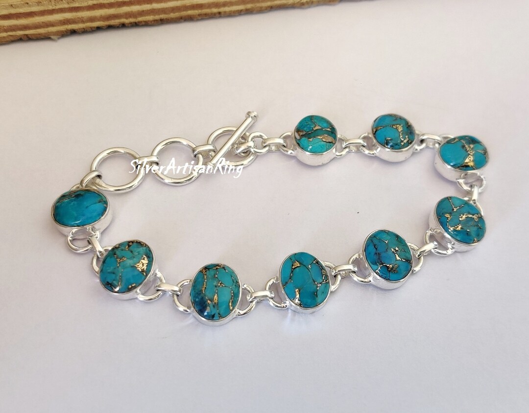 Blue Copper Turquoise Bracelet Designer Hand Bracelet 925 Sterling