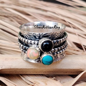Natural Opal Ring, Spinner Ring, 925 Sterling Silver Ring, Gemstone Ring, Black Onyx Ring, Three Stone Ring, Designer Ring, Turquoise Ring