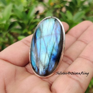 Labradoriet ring - 925 sterling zilveren ring - Verbazingwekkende ring - Blauwe flits - Ovale edelsteen - Labradoriet sieraden - Statement ring - Gratis verzending