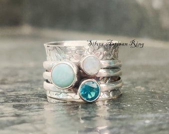 Larimar Spinner Ring, 925 Sterling Silver Ring, Fidget Ring, Handmade Ring, Designer Ring, Moonstone Ring, Beautiful Ring, Blue Topaz Ring *