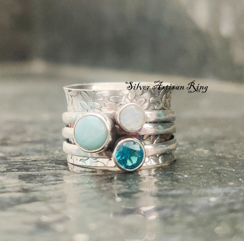 Larimar Spinner Ring, 925 Sterling Silver Ring, Fidget Ring, Handmade Ring, Designer Ring ,Moonstone Ring ,Beautiful Ring, Blue Topaz Ring * 