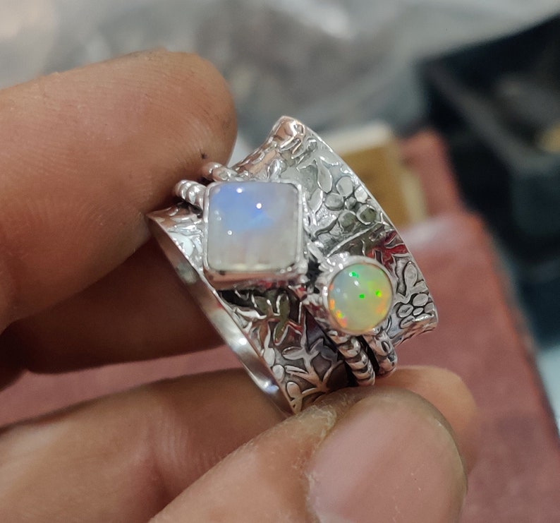 ++++++++=== Most Popular Moonstone /& Opal Spinner Ring 925 Sterling Silver Ring Meditation Ring Handmade Ring Silver Jewelry Statement Ring